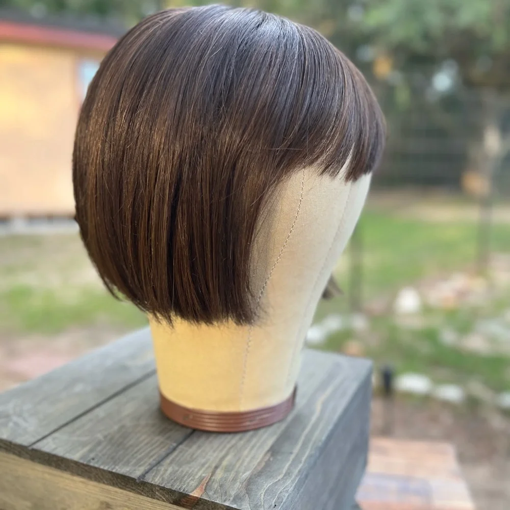 MEDIUM BROWN SYNTHETIC FIBER TOPPER BOB LENGTH WITH BANGS